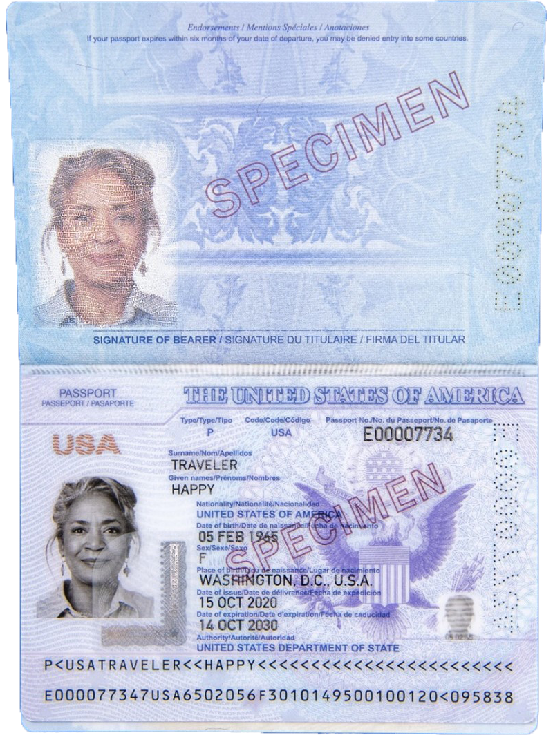 Data page of an official U.S. Next Generation Passport specimen; original SPECIMEN watermark retained